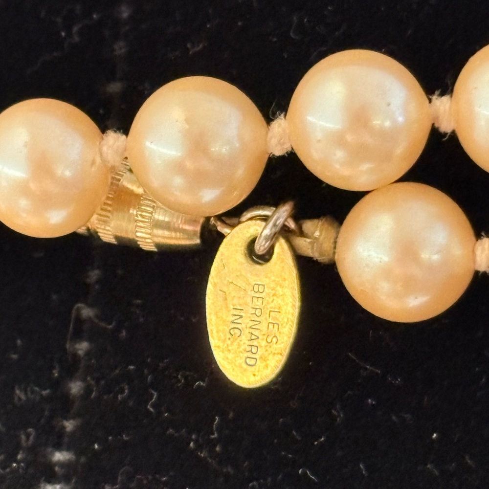 Les Bernard Hand Knotted 52 Inch Faux Pearl Signed Necklace - Picture 2 of 2